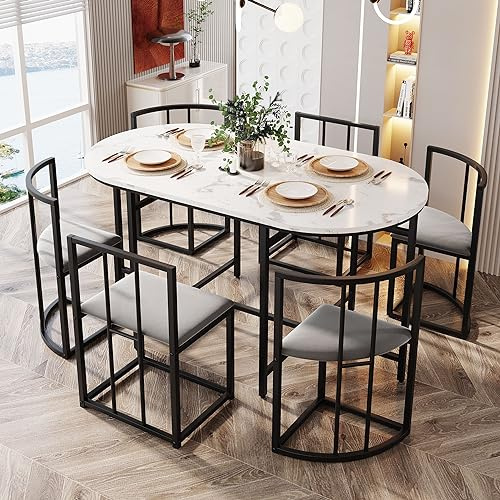 ModernLuxe Modern Dining Room Set, 6-Piece, White Marble Pattern Table, Grey Upholstered Chairs with Backrests, Black Iron Frame