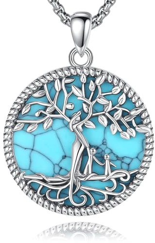 AEONSLOVE Collier Arbre de Vie Femme avec Turquoise Pendentif Arbre de Vie Argent Sterling 925 pour Maman Fille Bijoux Cadeau Fête des Mères (2 enfants)