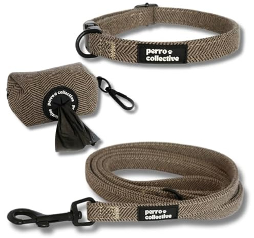 perro collective Set mit Halsband, Leine und Kotbeutel für Hunde, Braun, M
