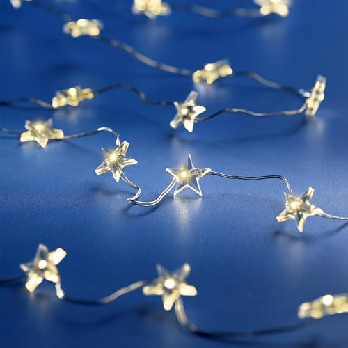 Spetebo LED Draht Sternen Lichterkette warm weiß - 495 cm / 100 LED - Deko Beleuchtung mit Timer - Advent Weihnachts Beleuchtung Batterie betrieben