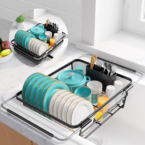 Sakugi Extendable Dish Drying Rack Over Sink with Dish Drainer, Sink Organization and Storage Essentials with Silverware & Utensil Holder, Home and Apartment Decor, 12 W x 16.1~23 L, Black