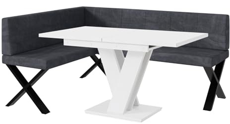 MEBLINI Eckbank für Esszimmer mit ausziehbarem Tisch - Küchenbank - Essecke - Sitzecke Küche - Peter - X-Beine 128x168x87cm Links - Dunkelgrau Samt/M Weiß Matt