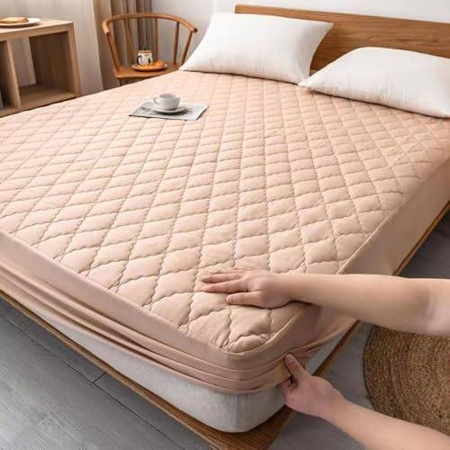 Lirzxin Bettlaken 135x200 cm, Spannbetttuch Polyester Baumwolle Einfarbig mit Rauten Gitter Struktur Boxspringbett Spannbettlaken Einzelbett Weiches und Atmungsaktives, Licht Khaki