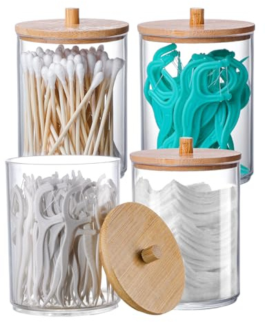 INCETUE Lot de 4 porte-tampons en coton avec couvercle en bambou pour rangement de salle de bain, distributeur de cotons-tiges en acrylique, pot rond transparent pour coiffeuse, petit récipient Qtip