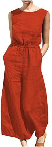 Generico Salopette Donna Estiva Casual in Lino Jumpsuit a Gamba Larga Cotone Elegante Tuta Intera Senza Manica Tutina Pantaloni Larghi con Tasche per Spiaggia Vacanza