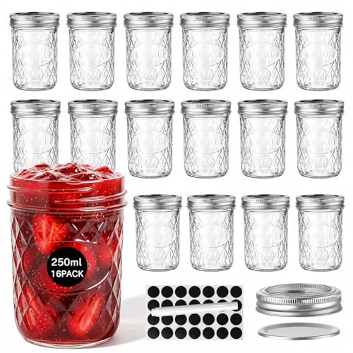 OAMCEG 16 Pack 250ml Jam Jars with Lids - Small Mason Jars for Pickling