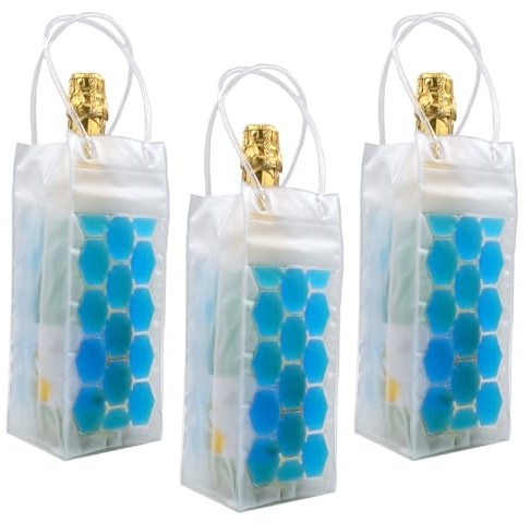3 Pack Wine Cooler Bags – Reusable PVC Ice Bag with Freezable Gel – Portable Clear Champagne & Prosecco Chiller Pouch with Handles – Perfect for Picnics, Garden Parties, BBQs & Travel