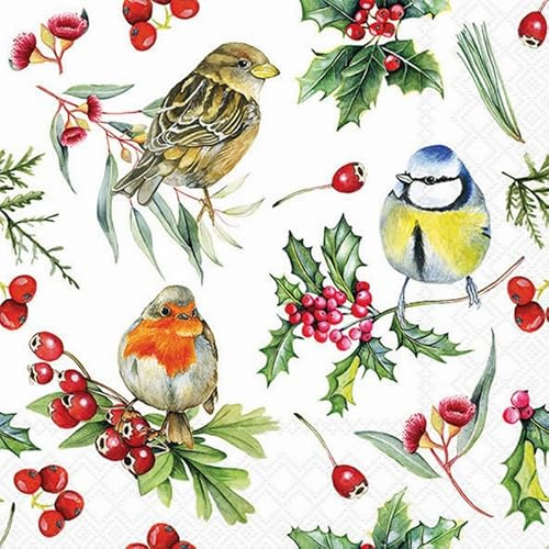 20 Servietten Weihnachten Vögel mit Beeren als Tischdeko. Papierservietten mit Motiv. Auch für Decoupage und Serviettentechnik 33x33cm