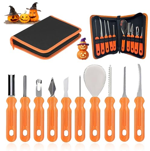 Nhgkju Halloween Kürbis-Schnitzwerkzeug Set, 10-teilig, Orange-Schwarz, mit Reißverschluss-Etui, 22 x 15 cm