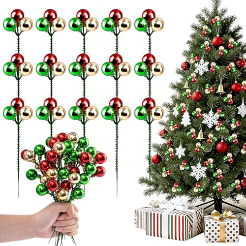 15 Stück Weihnachtsbaumstecker, 20 cm Lange, bruchsichere Drahtstecker mit roten, grünen und goldenen Kugeln für Baumgirlanden, Vasen, Tischdekorationen und Treppenaufgangsdekoration