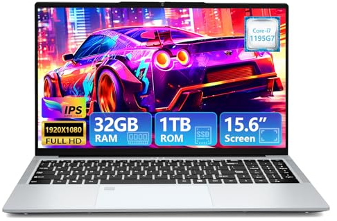 Moacreto Ordenador Portátil 15,6 Pulgadas, Core i7-1195G7 CPU 32GB RAM SSD 1TB gráficos Iris Xe, PC Portátil Pantalla de 1920 x 1080 Win 11 Pro, Computadora Portátil con USB 3.0, HDMI, BT5.0 y Wi-Fi