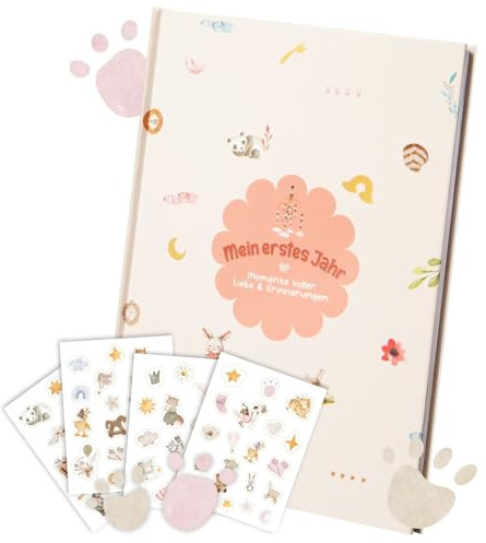 Mein erstes Jahr Babyalbum – 28,5x21cm Babytagebuch mit Pfotenabdruck-Design, Erinnerungsbuch | Zur Babyparty, Taufe & als Geschenk zur Geburt