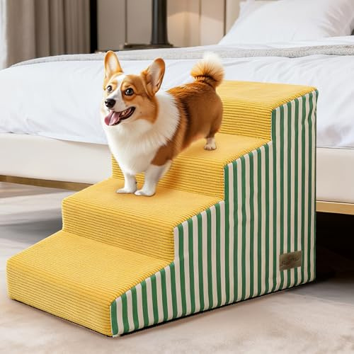 BingoPaw Hundtrappa, 4 nivåer, 50 cm hög, husdjurstrappa för säng och soffa av svamp med hög densitet, bärbar hundramp med avtagbart, tvättbart överdrag och halkfritt golv, gul, 40 x 71 x 50 cm