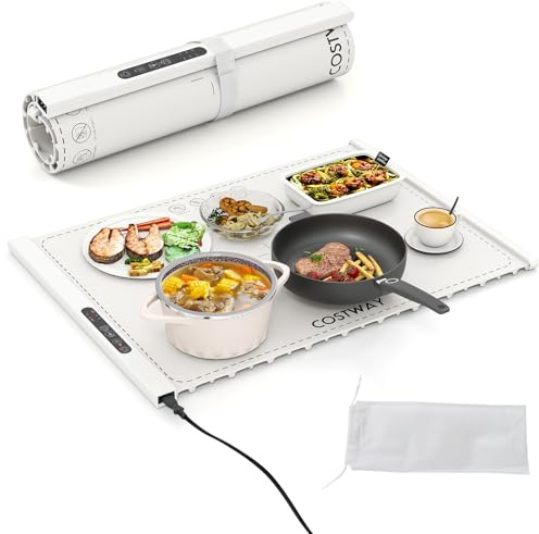 COSTWAY Food Warming Mat, Roll Up Electric Warming Tray with 3 Temperature, 3 Timer Settings, Full Surface Heating, 10s Fast Heating, Child Lock & Storage Bag, Silicone Heating Mat for Buffets Party