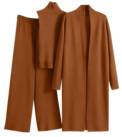 Dam 3-delad stickad loungeset, långärmad cardigan ärmlös polotröja linne och breda ben byxor 3-delad kläder för kvinnor, Orange, one size