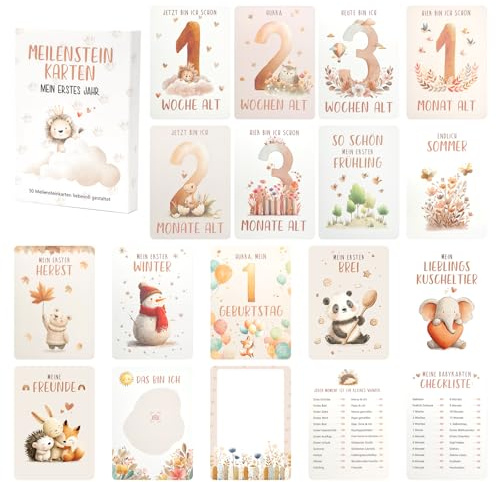 Nilnewuh Meilensteinkarten für Babys auf Deutsch, Mein Erstes Jahr Monatskarten-Geschenkset mit 50 Karten für Mädchen Jungen 1-12 Monate, Speziell Für Entwicklungskontrolle und Monatliche Babyfotos