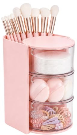180° Drehteller Schminktisch Organizer, 3-stöckiger Kosmetik Organizer | Transparente Aufbewahrung mit Make-up Pinselhalter, für Schmuck, Haarschmuck, Puderquasten, Make-up Pinsel, Haarbürsten