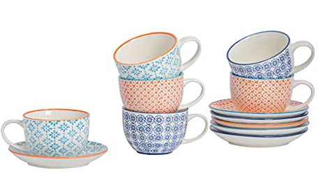 Nicola Spring Hand Printed Cappuccino Cups with Saucers - 250ml - 12pc Assorted 3 Colour Porcelain Cappuccino Cups and Saucer Set Coffee Mugs with Handle and Plate