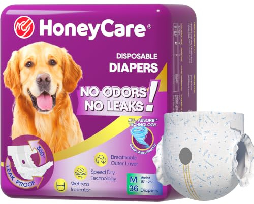 HONEY CARE All-Absorb Disposable Female Dog Diapers M Size, Improved Bigger Size, 36 Count, Super Absorbent, Breathable, Wetness Indicator (Pack of 1, 36 Count Total)