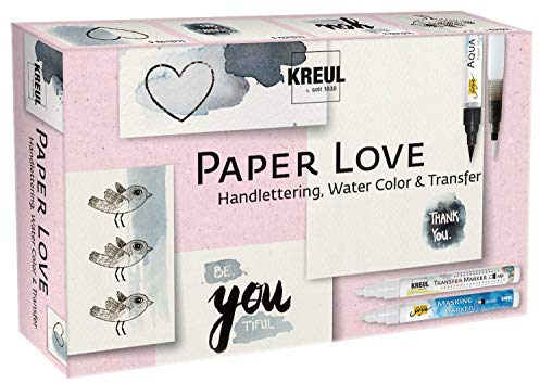 KREUL 49933 - Paper Love, Kreativ Set für alle Papierliebhaber, Masking Marker fine, Aqua Paint Marker schwarz, Transfer Marker edge, Wassertankpinsel, Motivbogen und Block 10 Blatt DIN A6