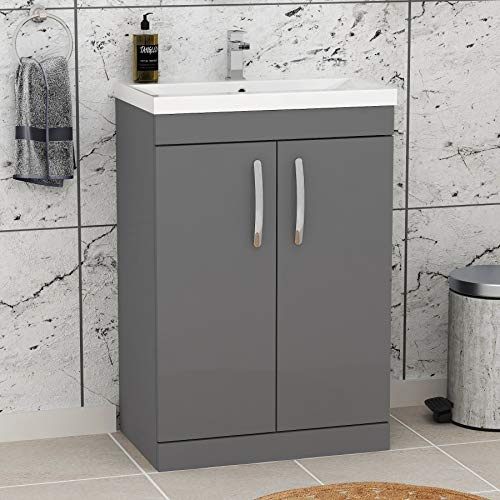 Royal Bathrooms Turin Indigo Grey Gloss Floor Standing 2 Doors Vanity Cabinet Unit and Mid Edge Sink Basin - 600mm