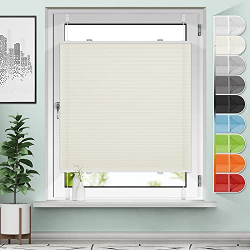 Sanfree Plissee Klemmfix Plisseerollo ohne Bohren Beige B40 x H120cm inkl. Klemmträger Blickdicht und lichtdurchlässig Jalousie Faltrollo Sichtschutz und Sonnenschutz Rollo für Fenster & Tür