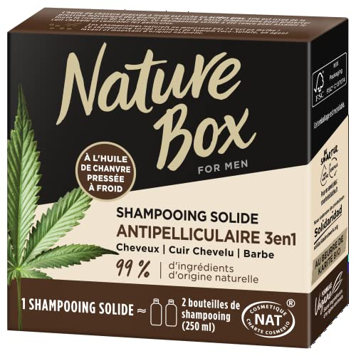 Nature Box - Shampoing Solide 3 en 1 Antipelliculaire - A l'Huile de Chanvre Pressée à Froid - Cheveux/ Cuir Chevelu / Barbe - 99% d'Ingrédients d'Origine Naturelle - Savon de 85g