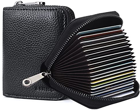 Goopai Portefeuille accordéon RFID avec 20 emplacements pour cartes de crédit en cuir véritable - Petit portefeuille pour homme ou femme avec fermeture éclair, Noir , S, Classique