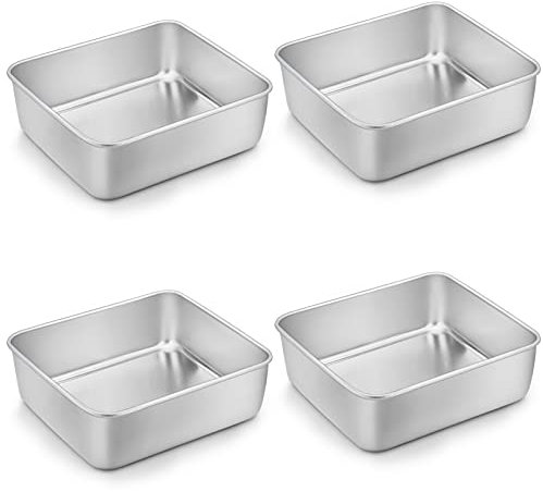 Homikit Lot de 4 Moule à Gâteau Carré en Acier Inoxydable, Petit Plat Four avec Dimensions Extérieures 16 x 16 x 4.8 cm, Idéal pour les Gâteaux, Brownies, Lasagnes, Résistants, Passe au Lave-Vaisselle