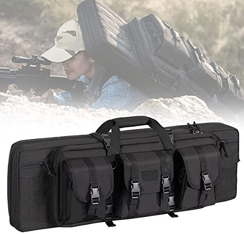 Taktische Gewehrtasche Gewehrrucksack Futteral, 37/42/47/55 Zoll Waffentasche für Langwaffen mit Doppelfach & 3 Große Zubehör Beutel, Weiche Gewehrtasche für Jagd mit Doppelfach,Black-55in/140cm