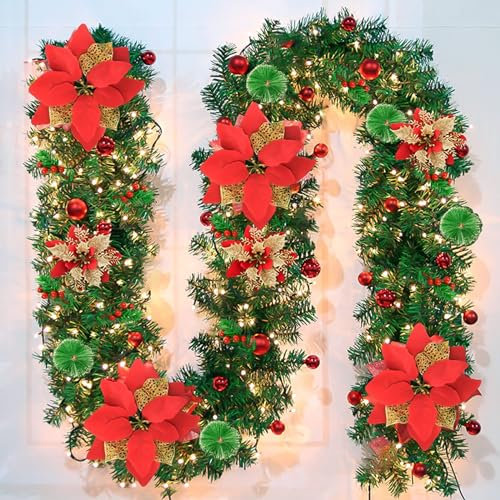 Timiyou Pre-Lit Artificial Christmas Garland, Green, Warm Lights, Decorated with Red Flowers, Balls, Berries, Snowy Pine for Home Stairs Fireplace Front, Christmas Decorations, 9 Ft