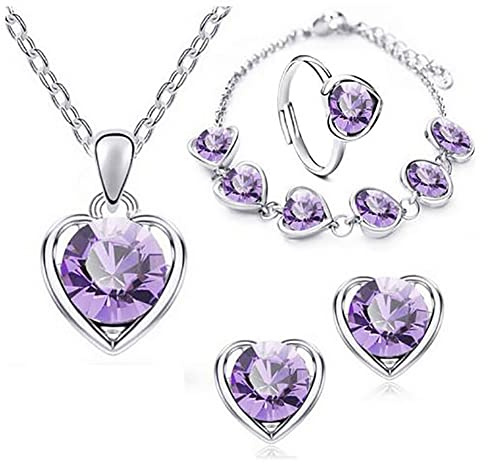 Wedity Collane di cristallo a forma di cuore anelli orecchini braccialetto Set dorato moda amore cuore Pendant collane Choker collane gioielli per donne e ragazze (Viola)
