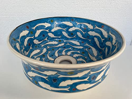 Fish Patterned Ceramic Bathroom Wash Basin, Vessel Sink, Countertop Round Basin, Half Bath Bowl Sink, Lavatory, Bathroom Remodel, Washstand