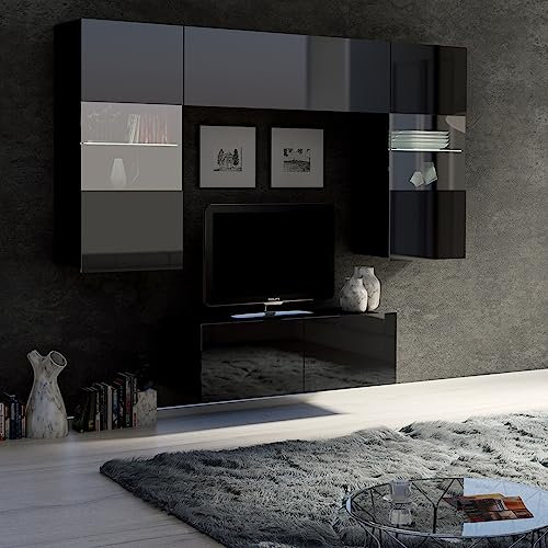 Lomadox Wohnwand Anbauwand schwarz Hochglanz 4-teilig Modern, mit 1 TV-Lowboard, 2 Hängevitrinen mit Beleuchtung, 1 Stauraumschrank