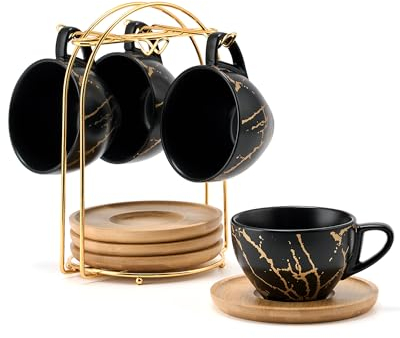 HOME DECOR Set di 4 tazze da cappuccino in ceramica da 220 ml, impilabili e piattino con supporto in metallo, per amanti del caffè, cappuccino, latte, americano e tè, nero dorato