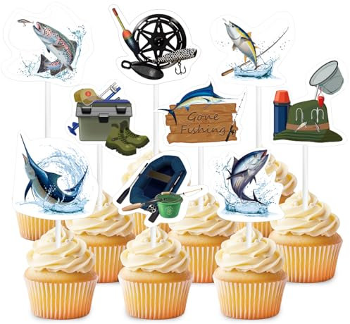 JarThenaAMCS 36Pcs Fish Party Dessert Cupcake Toppers 9 Styles Fishing Gear Rod Paper Cupcake Picks Go Fishing Theme Decorations for Fisherman Baby Shower Boys Girls Happy Birthday Party Supplies