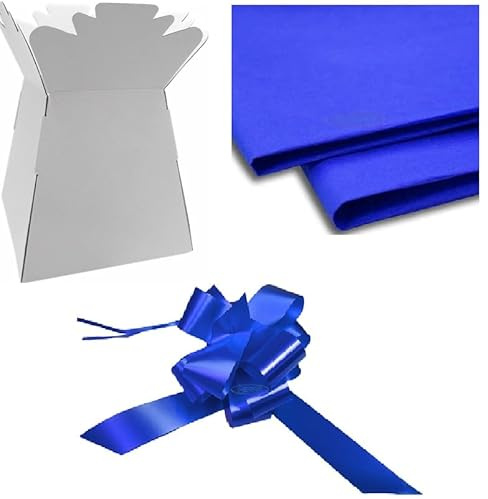 INERRA Florist Box Bouquet Making Kit with White Living Vase, Royal Blue Tissue Paper and Royal Blue Bow