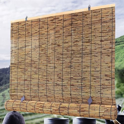 Cordless Outdoor Bamboo Roller Blinds,Carbonization Natural Reed Curtain,Hand-Woven Roman Shades,70% Sunscreen Roll Up Blind,Light Filtering Waterproof Sunshade,for Window/Door,Kitchen Bathroom Patio(