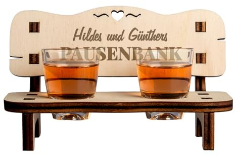 Schnapsbank - Pausenbank I Personalisiertes Geschenk aus Holz | mit Wunschnamen graviert I Kreative Geschenkidee I Inklusive 2 Shotgläsern I Schnapsbankerl