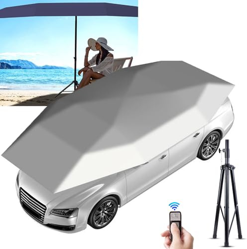 Cochera Automática 2 En 1 Con Soporte Para Exteriores, Cochera Plegable Móvil Con Control Remoto, Parasol Universal Para Automóvil: Diseño Triple a Prueba De Viento Y Diseño Antirrobo,Silver-5.2m
