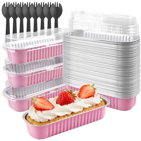 Tikxlafe 50-Pack 6.8oz Rectangular Aluminum Foil Baking Pans - Disposable Mini Cake Pans with Lids, Cheesecake & Bread-Pink