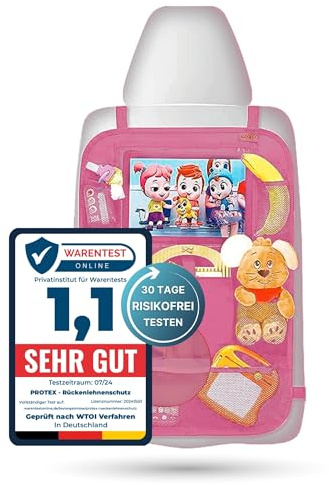 PROTEX Organizador de protección del respaldo [ganador de la prueba 2025] 100 días sin riesgos – Organizador para asiento trasero de coche con compartimento para tablet de 12 pulgadas [1 unidad rosa]