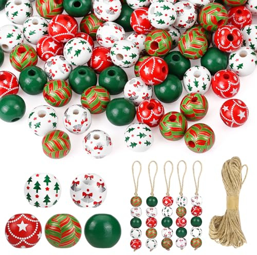 GWHOLE 120 Stück Holzperlen Weihnachten Bastelperlen Holz Perlen zum Auffädeln Natürliche Bastelholzperlen Weihnachtliche Holzperlen zum Basteln für DIY Weihnachtsbaum Partyzubehör Dekoration 16mm