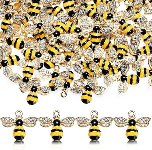 YOUEON 100 Pcs Metal Bee Charms for DIY Crafts - Cute Enamel Bee with Rhinestones, Ideal for Honey Jars, Notebooks, Key Rings and Similar Items