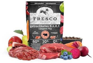 Fresco Seco Barf Complete Plus de vacuno, Pienso para Perros Pequeños, 1 kg, compuesto de carne muscular, despojos y huesos de calcio de carne de vacuno, así como frutas, verduras y aceite