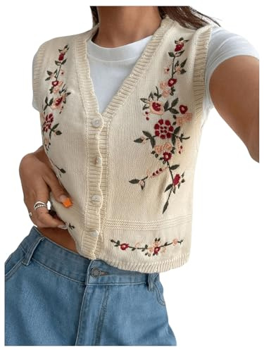GORGLITTER Damen Strickweste Ärmellos Pullover Weste Strickwesten Trendy Casual Strickjacke mit Stickerei Beige L