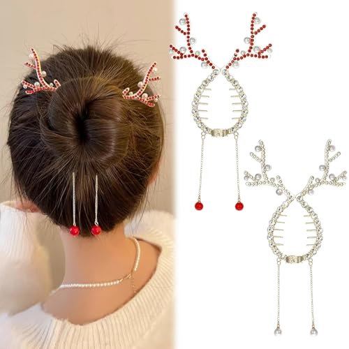 Rentier Haarspangen Weihnachten 2 Stück, Weihnachtsdeko Rentier Haarspangen Mädchen Haarspangen Damen, Weihnachts Haarschmuck Haarklammer, Rentier Figur Kristal Haarschmuck Weihnachten (A)