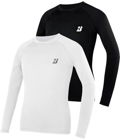 Roadbox Boy's Base Layer Tops 1-2 Pack, Kids Long Sleeve Compression Shirts | Quick Dry, Breathable, 4-Way Stretch, Flatlock Seams, For Football, Rugby, Running, Training, School PE And Outdoor Sports