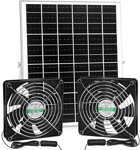 blessny 5,5 Zoll solarbetriebenes Lüfter-Set, 25 W Solarpanel mit 2 wasserdichten Lüftern für Hühnerställe im Freien, Gewächshäuser, Schuppen, Zuluft oder Abluft mit 4,5 m Kabel