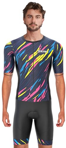Sikma Traje de triatlón de malla transpirable para hombre, de media manga, acolchado, con reflejo de alta visibilidad, un bolsillo trasero y banda de potencia para las piernas, multicolor, XXL